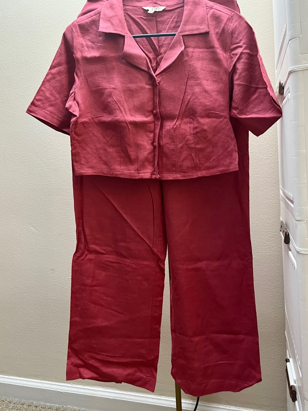 Two-Piece Linen Button Front Set in Deep Wine Red
